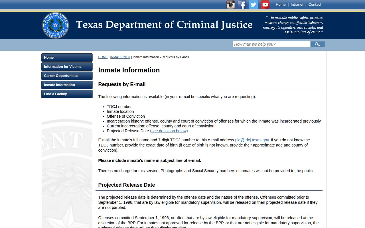 TDCJ incarceration and release history requests for Atascosa County